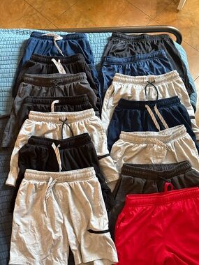 Bundle of 14 Kids Drawstring Athletic works Shorts - Navy, Gray, Black, Red